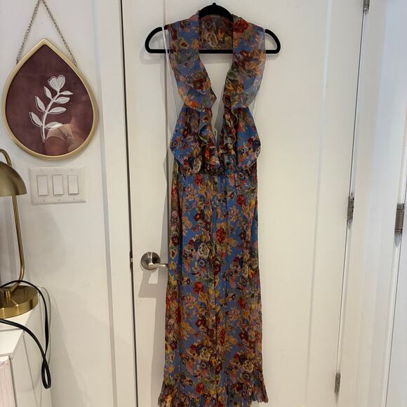 Zimmermann Blue Floral Lovelorn Fringe Halter jumpsuit Sz Small - Picture 2 of 12